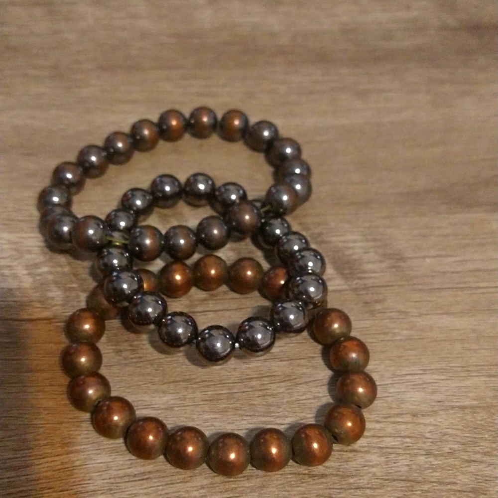 3 Gunmetal and Brown Large Pearl Bead Bracelets
